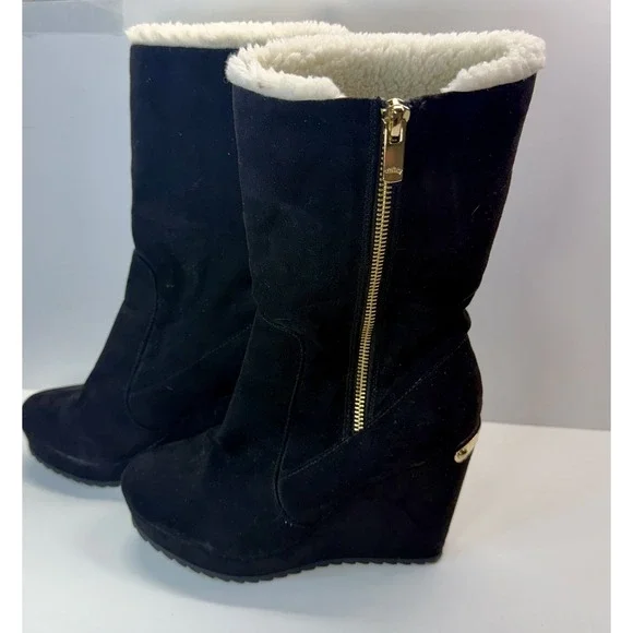 JUICY COUTURE Jckasia Black Suede Faux Fur Lining Mid Calf Wedge Boots Sz 6 - Picture 5 of 9